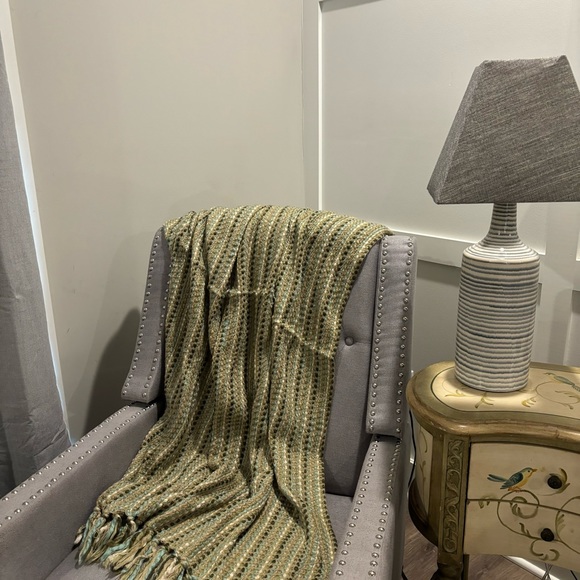 Cynthia Rowley Soft Cozy Afghan Throw fringed Green Cream Aqua 49X64 EUC - Picture 7 of 13
